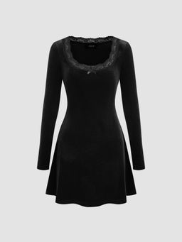 Cider - Velvet Scoop Neckline Lace Mini Dress