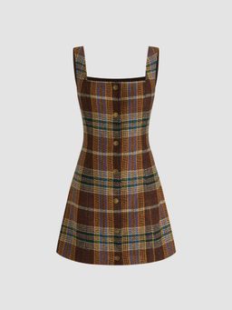 Cider - Wool-look Tartan Button Up Mini Cami Dress