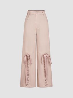 Cider - Denim Mid Rise Solid Lace Up Knotted Wide Leg Jeans