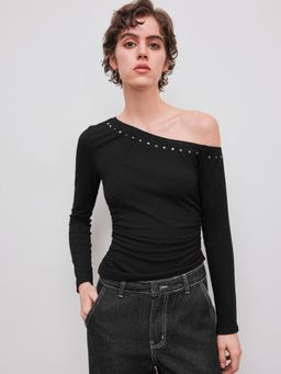 Cider - Asymmetrical Neck Rhinestone Ruched Long Sleeve Top