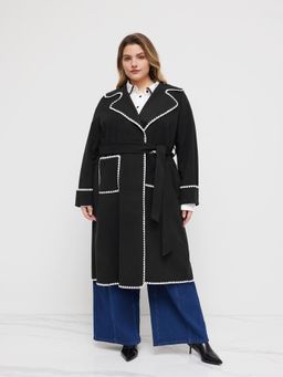 Cider - Collar Contrasting Binding Oversized Coat With Belt Curve & Plus