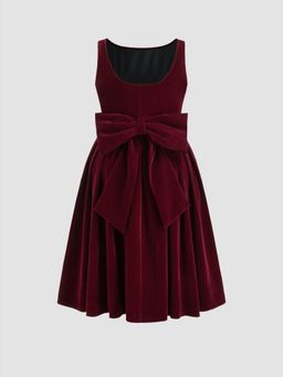 Cider - Velvet Boat Neck Bowknot Midi Dress Curve & Plus