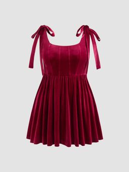 Cider - Velvet U-neckline Ruffle Knotted Mini Dress Curve & Plus