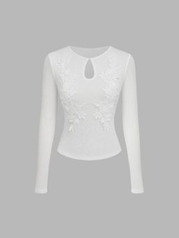 Cider - Mesh Round Neckline Applique Cut Out Long Sleeve Top