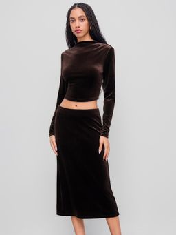 Cider - Velvet Stand Collar Crop Long Sleeve Top & Mid Rise Maxi Skirt Set
