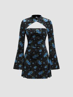 Cider - Velvet Stand Collar Floral Cut Out Mini Dress