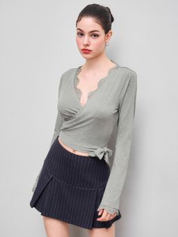 Cider - V-neck Knotted Lace Trim Wrap Long Sleeve Tee