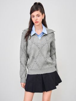 Cider - Knit Polo Collar Argyle Pattern Oversized Sweater