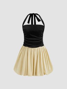 Cider - Velvet Halter Bubble Hem Two Tone Ruched Mini Dress