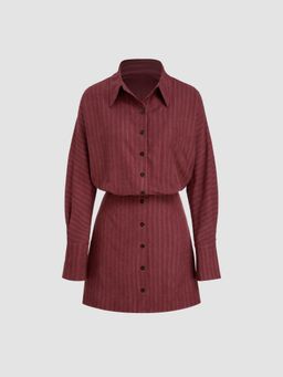 Cider - Collar Striped Cinched Waist Mini Shirt Dress