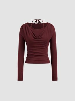 Cider - Cowl Neck Ruched Knotted Long Sleeve Top