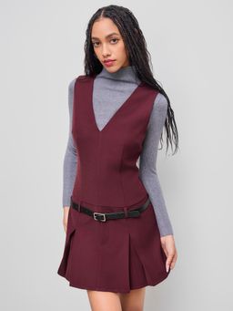 Cider - V-neck Solid Pleated Mini Dress With Belt