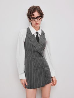 Cider - Wool-look Notched Collar Striped Mini Blazer Dress