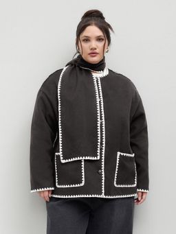 Cider - Tweed Contrasting Stitching Oversized Jacket With Scarf Curve & Plus