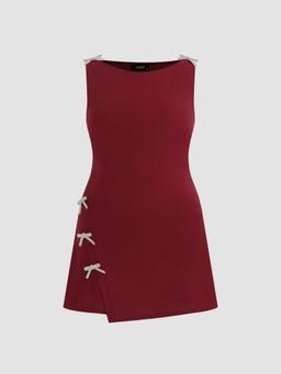 Cider - Boat Neckline Solid Bowknot Wrap Mini Dress Curve & Plus