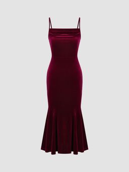 Cider - Velvet Cowl Neck Ruffle Mermaid Maxi Dress