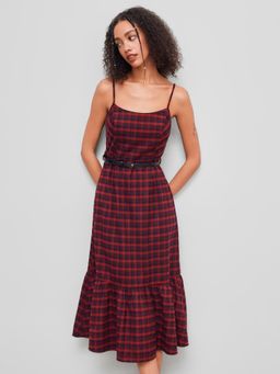 Cider - Square Neck Tartan Belted Maxi Dress