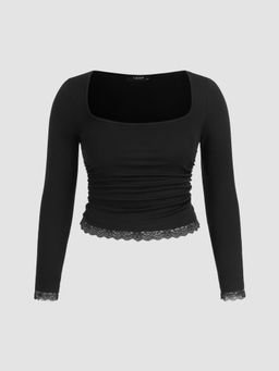 Cider - Square Neck Lace Trim Ruched Long Sleeve Tee Curve & Plus