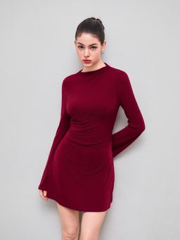 Cider - Asymmetrical Neck Ruched Bell Sleeve Mini Dress