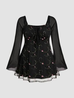 Cider - Mesh Square Neck Floral Knotted Mini Dress Curve & Plus