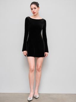 Cider - Velvet Boat Neck Bell Sleeve Mini Dress
