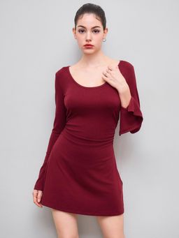 Cider - Square Neck Bell Sleeve Ruched Mini Dress