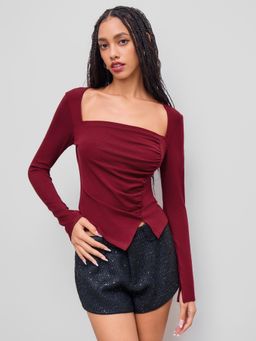 Cider - Square Neck Ruched Asymmetrical Hem Long Sleeve Top
