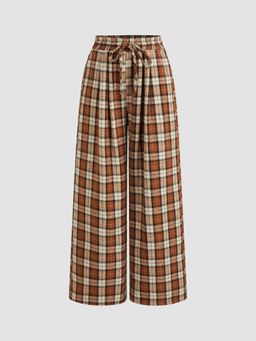 Cider - Mid Rise Plaid Drawstring Straight Leg Trousers