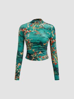 Cider - Velvet High Neck Floral Ruched Long Sleeve Top