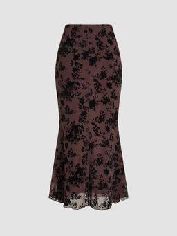 Cider - Velvet Mid Rise Floral Ruched Mermaid Maxi Skirt