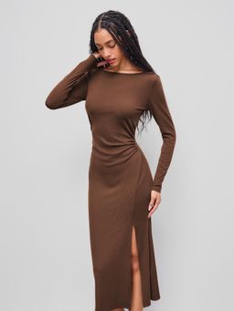 Cider - Boat Neck Lace Backless Ruched Split Maxi Dress