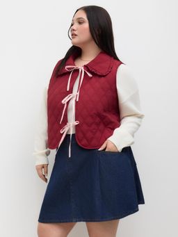 Cider - Woven Collar Tie Front Lettuce Trim Jacket Vest Curve & Plus