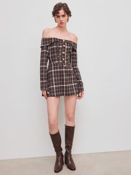 Cider - Wool-look Off-shoulder Checks MIni Dress