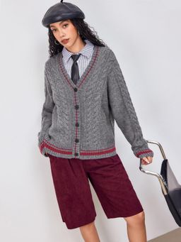 Cider - Cable Knit V-neck Contrasting Binding Cardigan