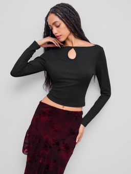 Cider - Boat Neck Cut Out Cropped Long Sleeve Top