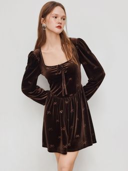 Cider - Velvet Square Neck Bowknot Ruffle Mini Dress