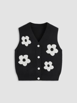 Cider - Knit V-neck Floral Colorblock Oversized Vest