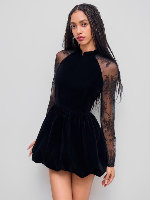 navy blue lace long sleeve prom dress Navy Blue Long Sleeves Beaded Lace High Slit Formal Dress-Bridelily