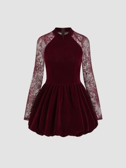 Cider - Velvet Mandarin Collar Bubble Hem Lace Mini Dress