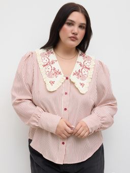 Cider - Doll Collar Striped Embroidery Shirt Curve & Plus