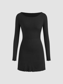 Cider - Boat Neck Lace Up Lettuce Trim Midi Dress