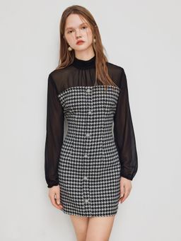 Cider - Tweed Houndstooth Organza Patched Mini Dress