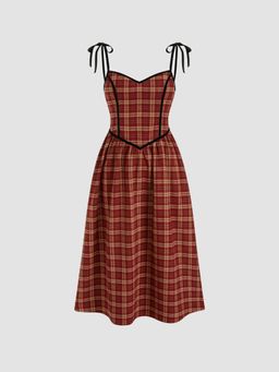 Cider - Sweetheart Plaid Knotted Maxi Dress