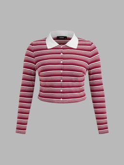 Cider - Cotton-blend Collar Stripe Long Sleeve Crop Tee Curve & Plus
