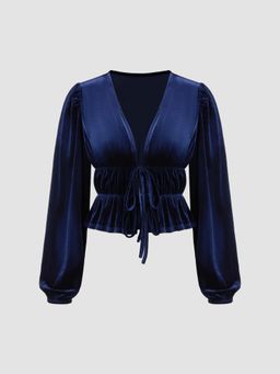 Cider - Velvet V-neck Shirred Long Sleeve Top