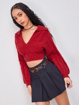 Cider - Cable Knit Collar Crop Long Sleeve Top
