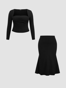 Cider - Square Neck Ruched Top & Mid Rise Mermaid Maxi Skirt Set Curve & Plus