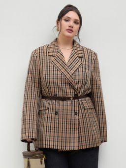 Cider - Collar Double Breasted Gingham Blazer With Belt Curve & Plus