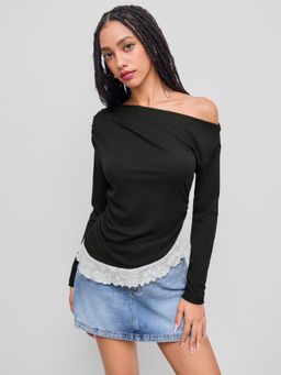 Cider - Asymmetrical Neck Lace Ruffle Hem Ruched Top