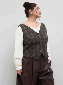 Cider - V-neck Tartan Blazer Vest Curve & Plus